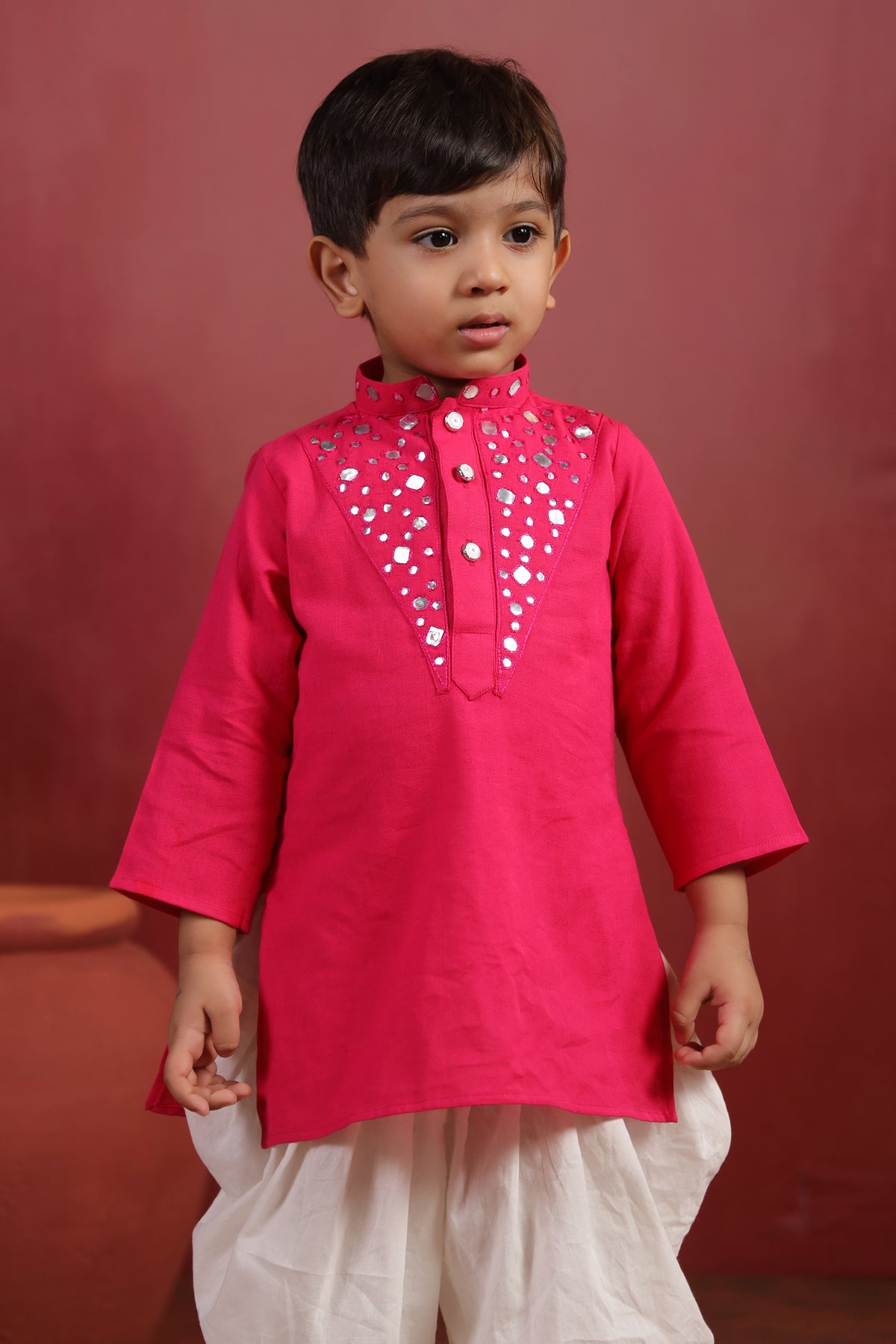 Boy Nawabi Mirror Kurta Set-Magenta