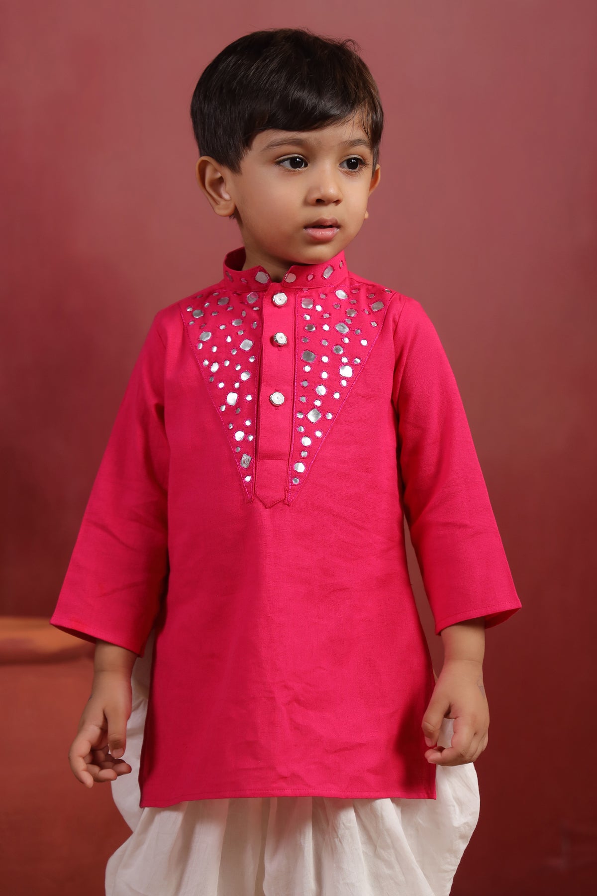 Boy Nawabi Mirror Kurta Set-Magenta