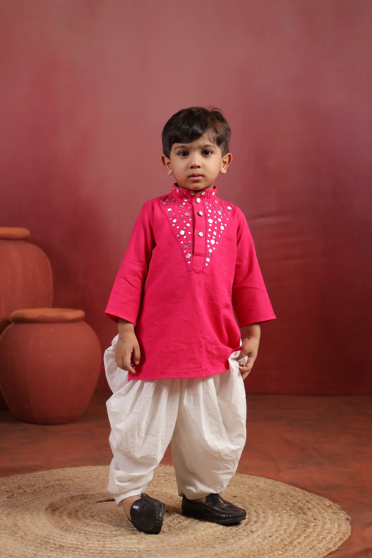 Boy Nawabi Mirror Kurta Set-Magenta