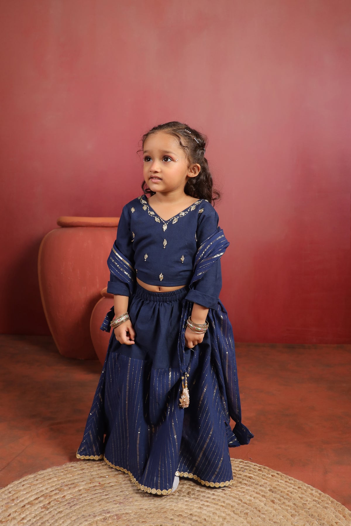 Girl Rani Embroidered Skirt Top Set -Navy Blue