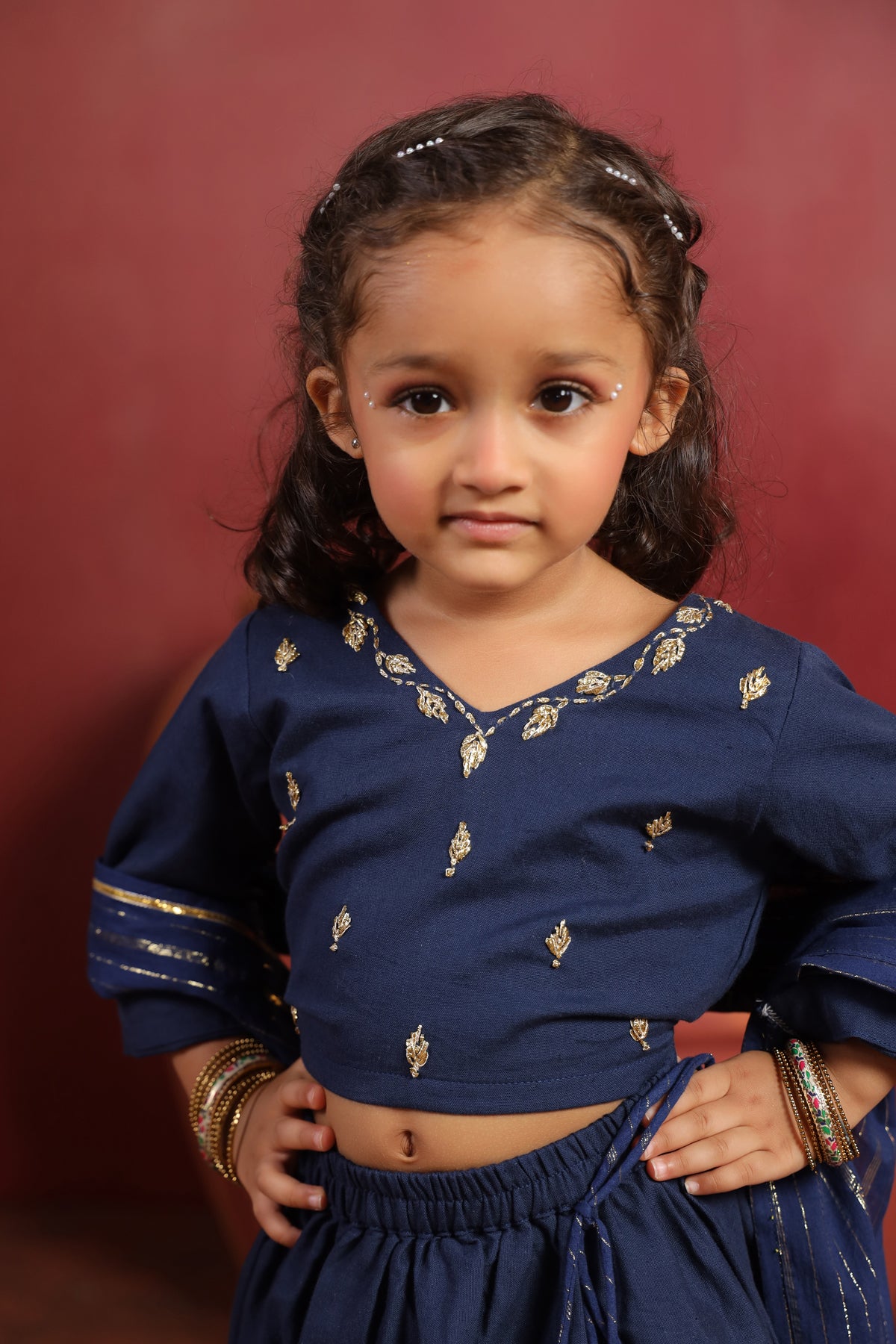 Girl Rani Embroidered Skirt Top Set -Navy Blue