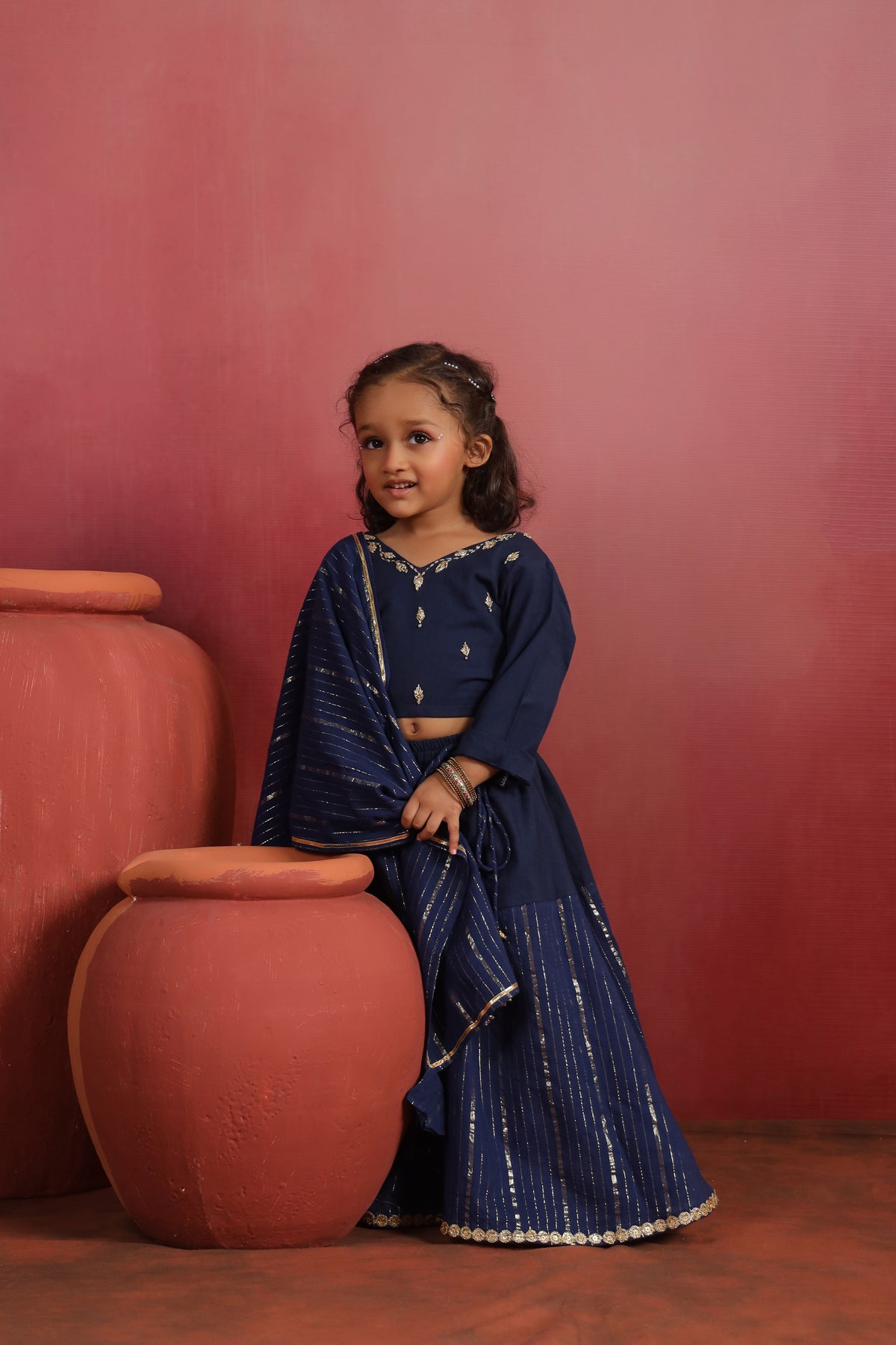 Girl Rani Embroidered Skirt Top Set -Navy Blue