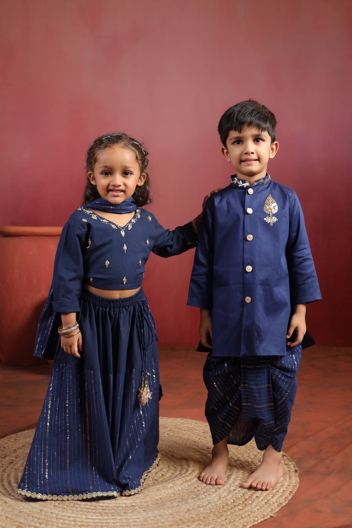 Girl Rani Embroidered Skirt Top Set -Navy Blue