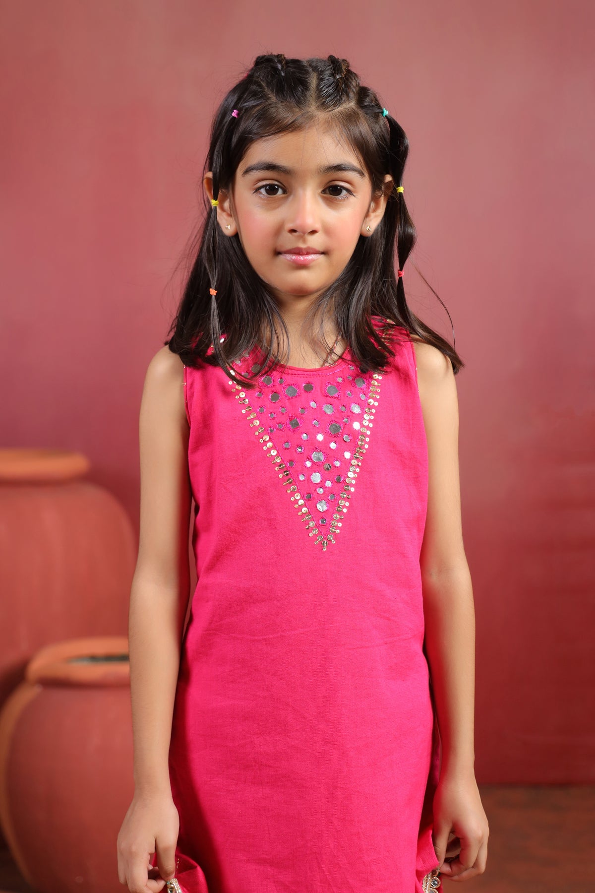 Girl Royal Mirror Kurta Palazzo Set - Magenta