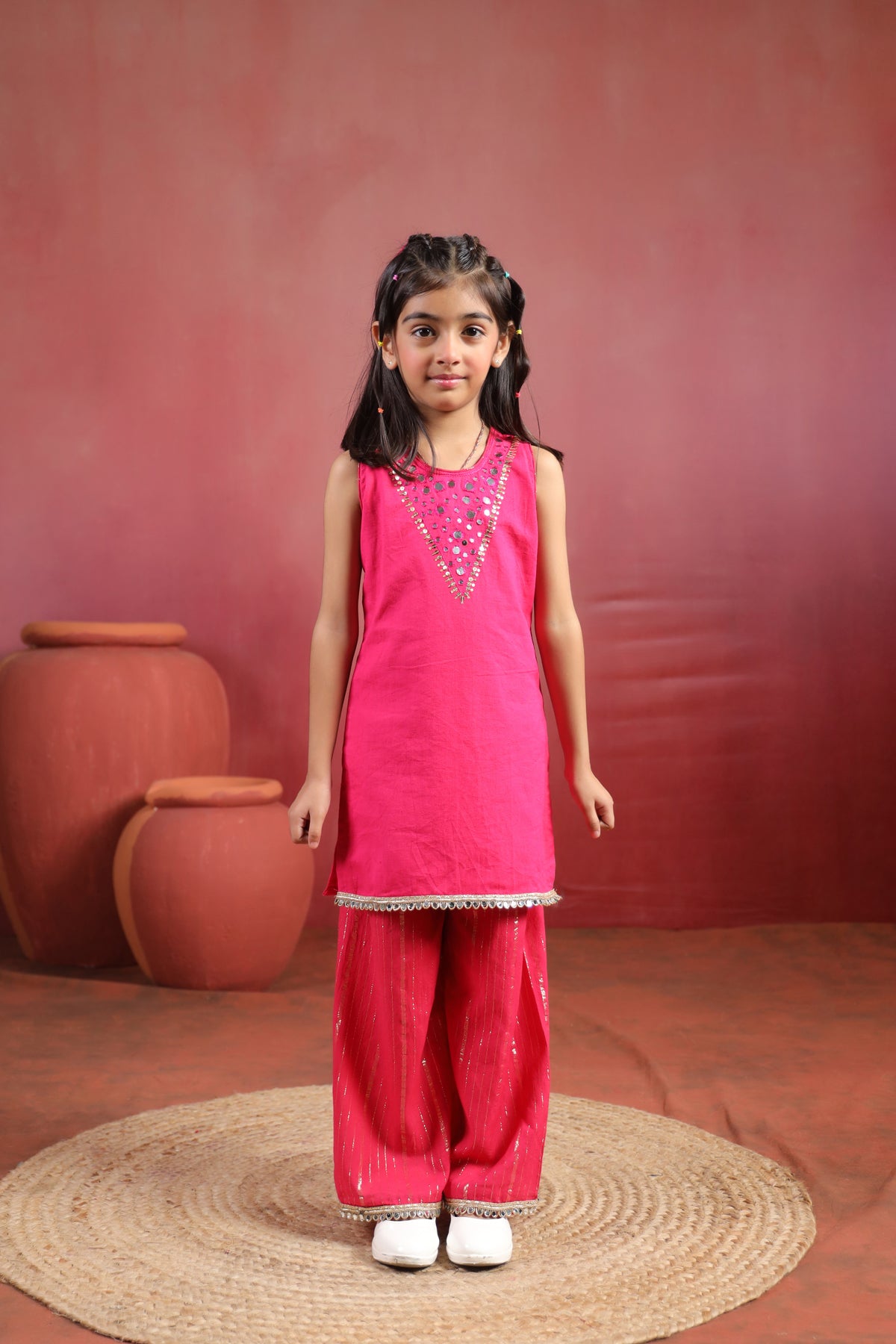 Girl Royal Mirror Kurta Palazzo Set - Magenta