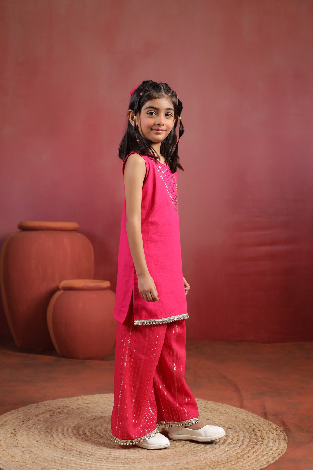 Girl Royal Mirror Kurta Palazzo Set - Magenta