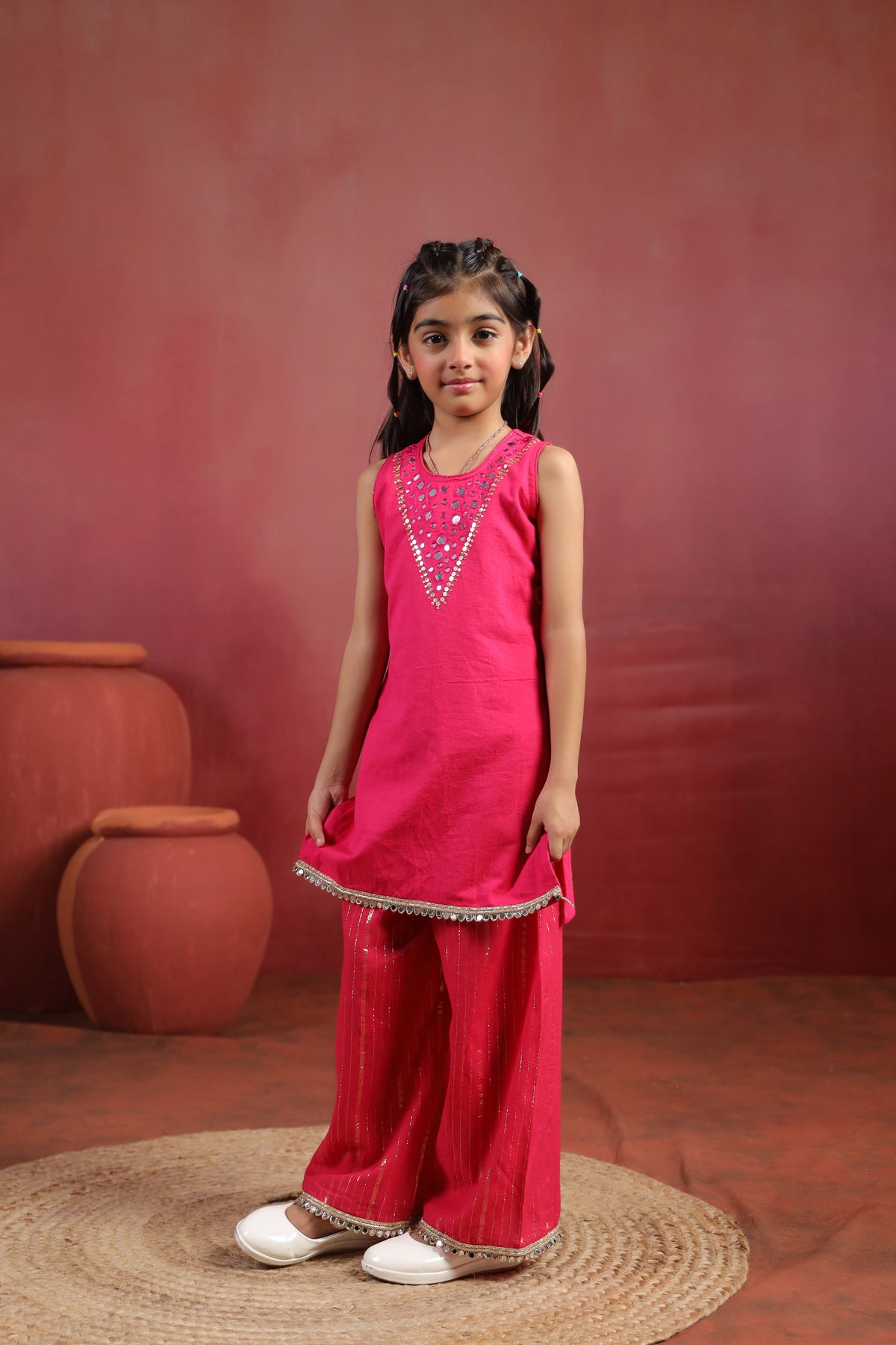 Girl Royal Mirror Kurta Palazzo Set - Magenta