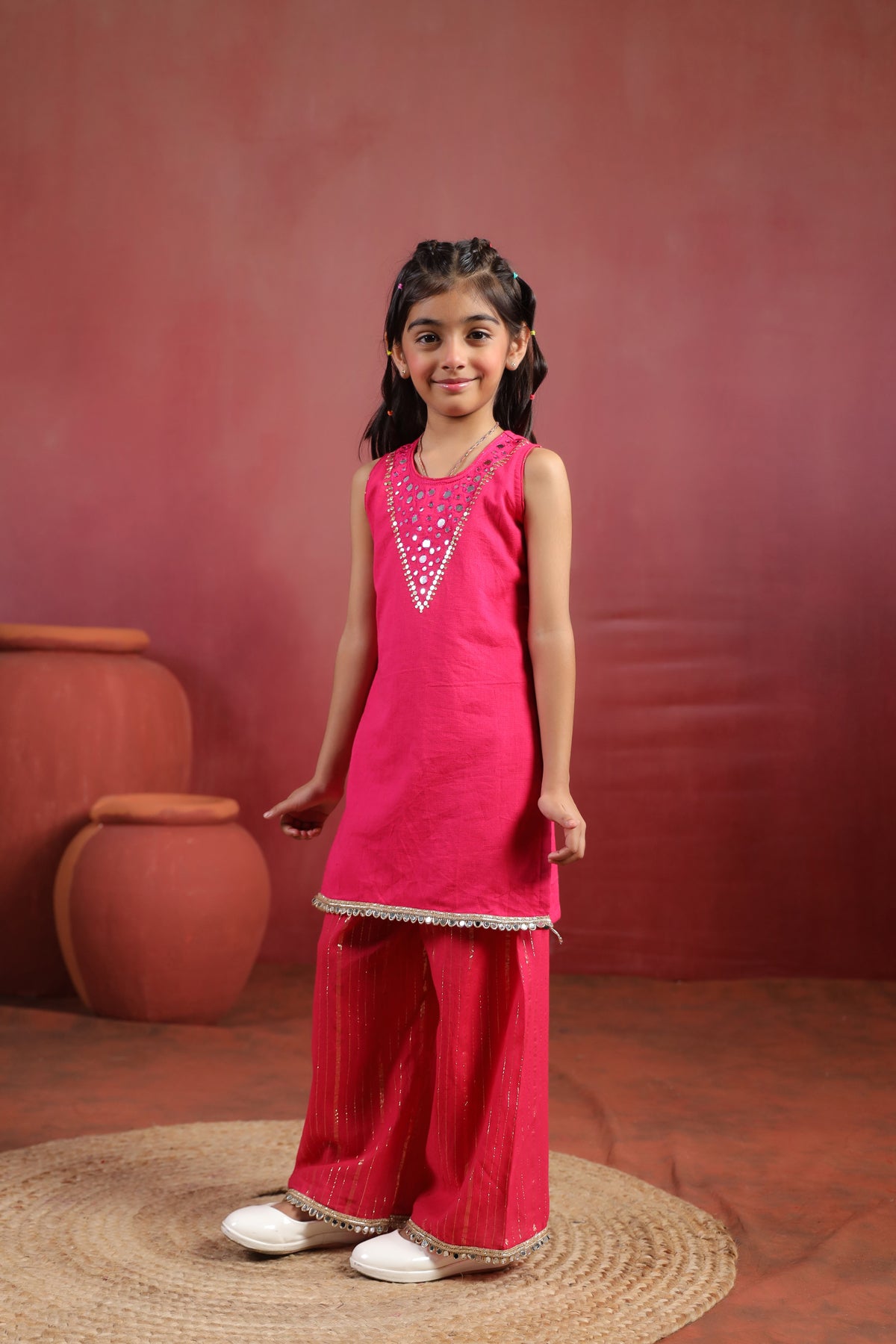 Girl Royal Mirror Kurta Palazzo Set - Magenta