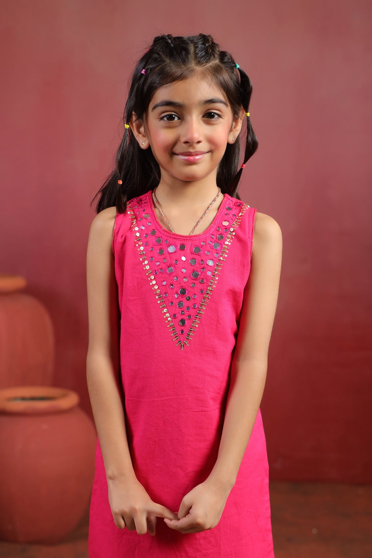 Girl Royal Mirror Kurta Palazzo Set - Magenta