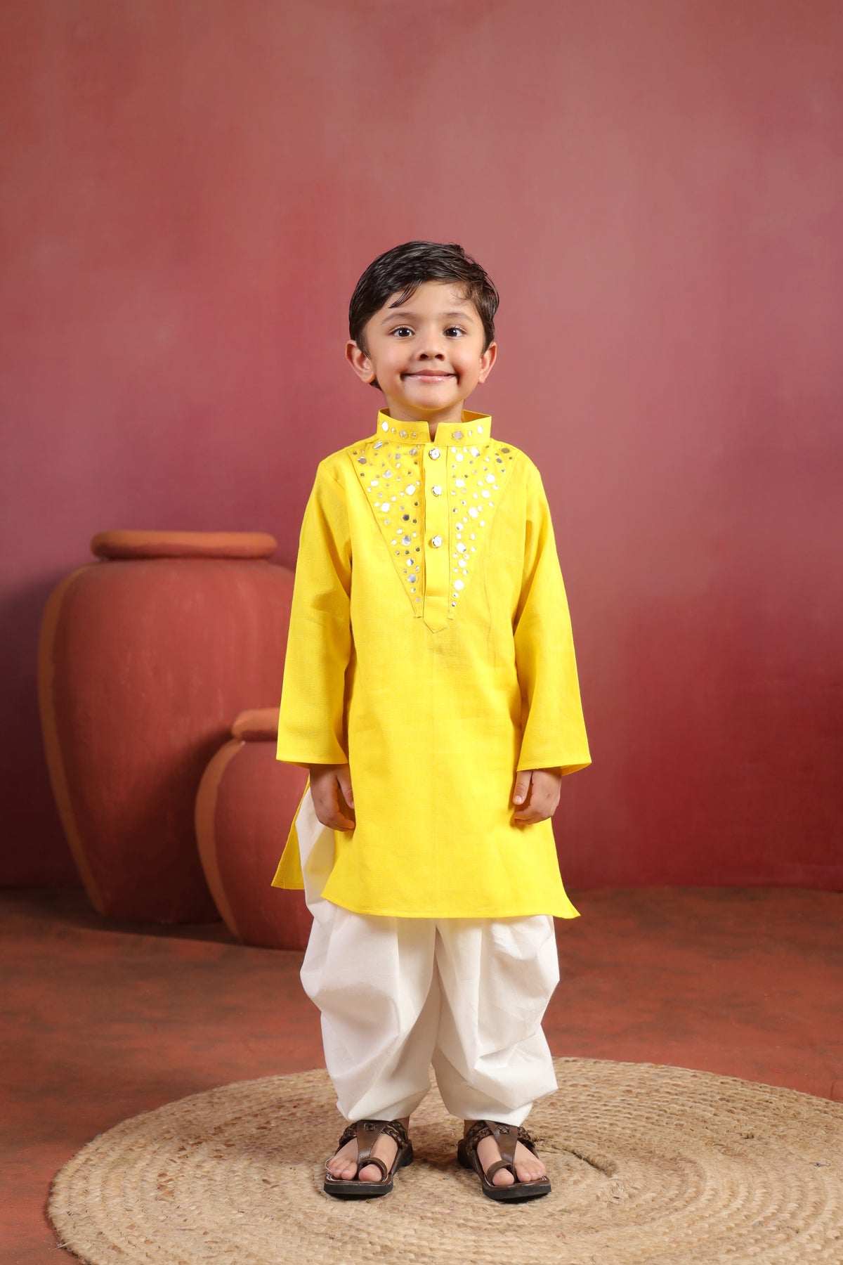 Boy Nawabi Mirror Kurta Set-Yellow