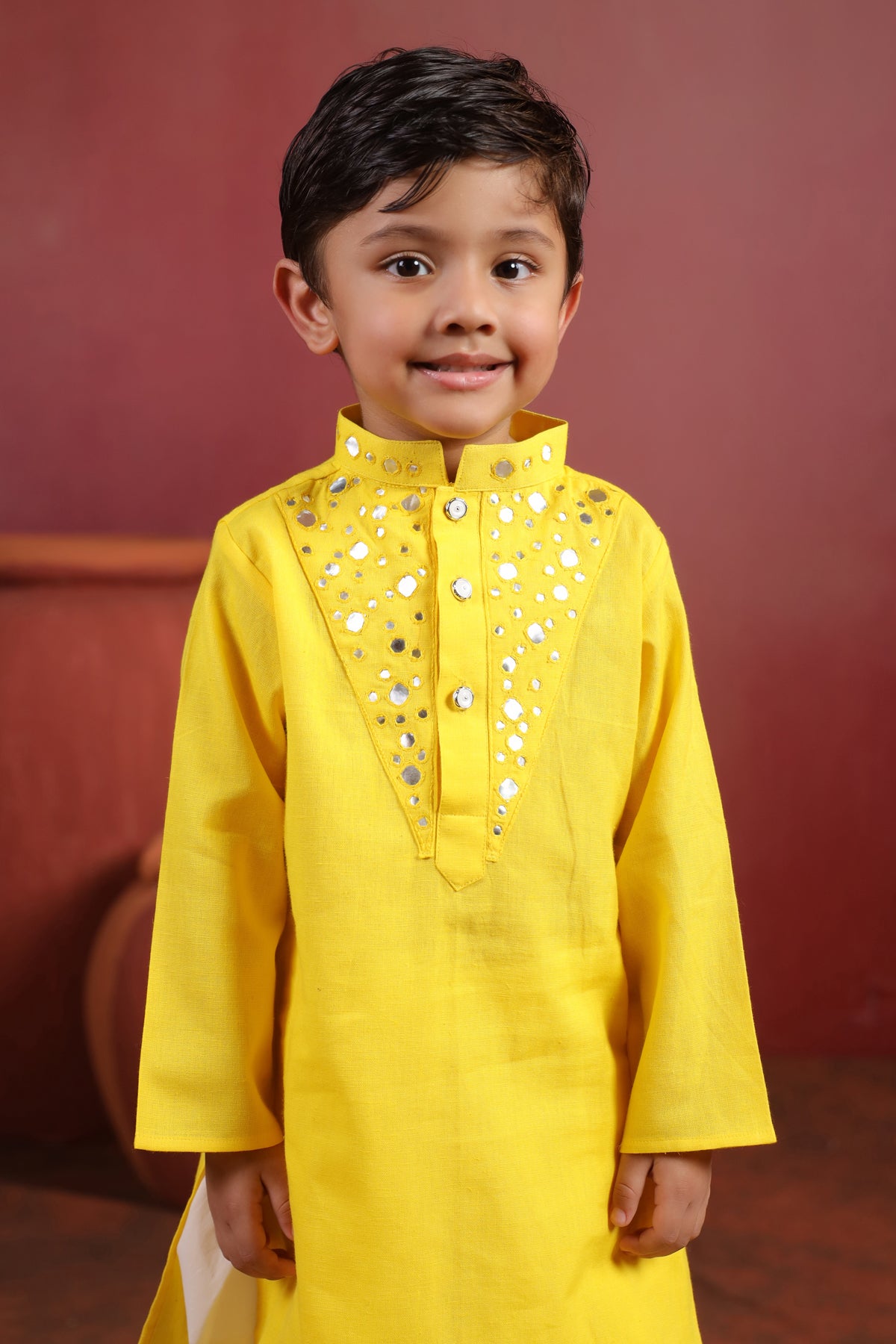 Boy Nawabi Mirror Kurta Set-Yellow