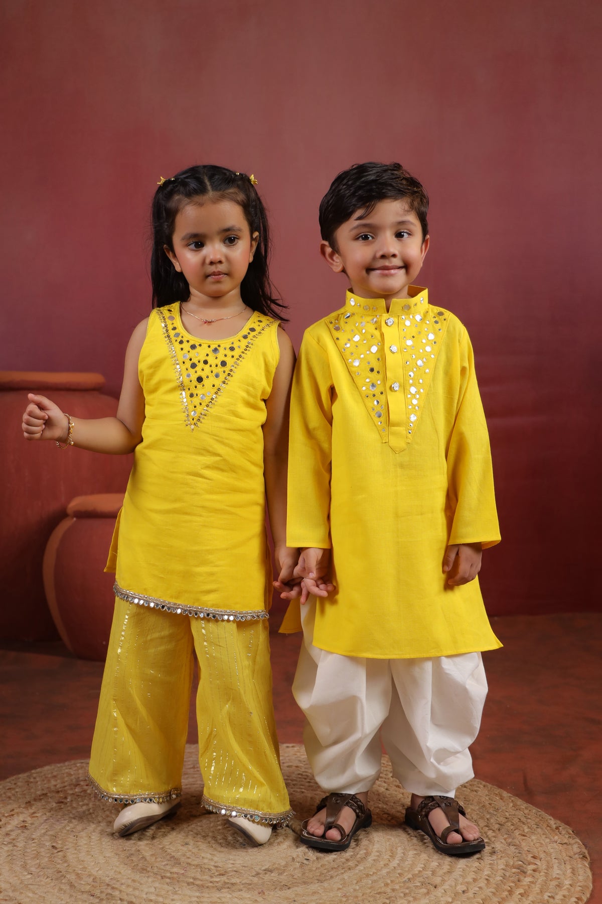 Girl Royal Mirror Kurta Palazzo Set -Yellow