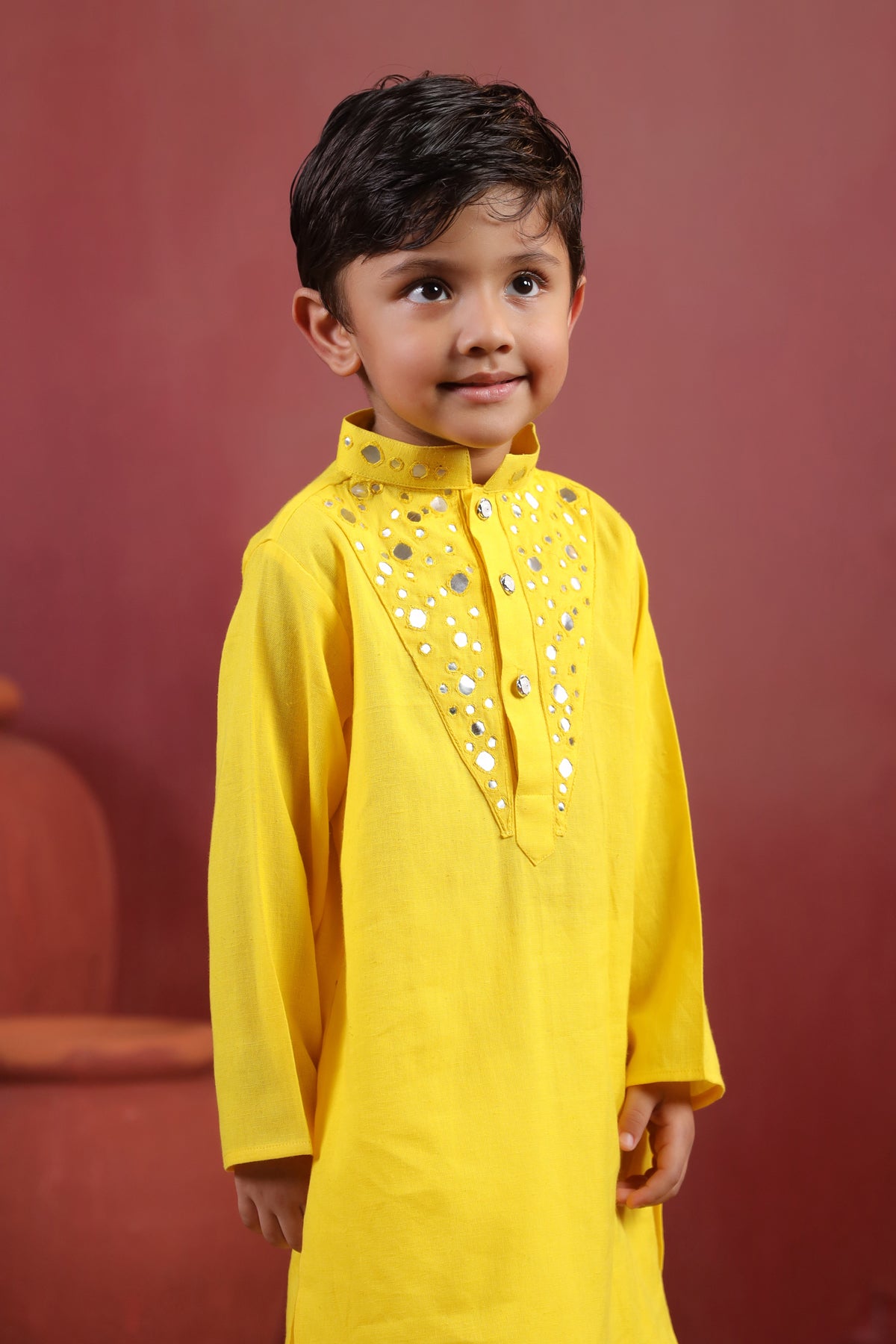 Boy Nawabi Mirror Kurta Set-Yellow