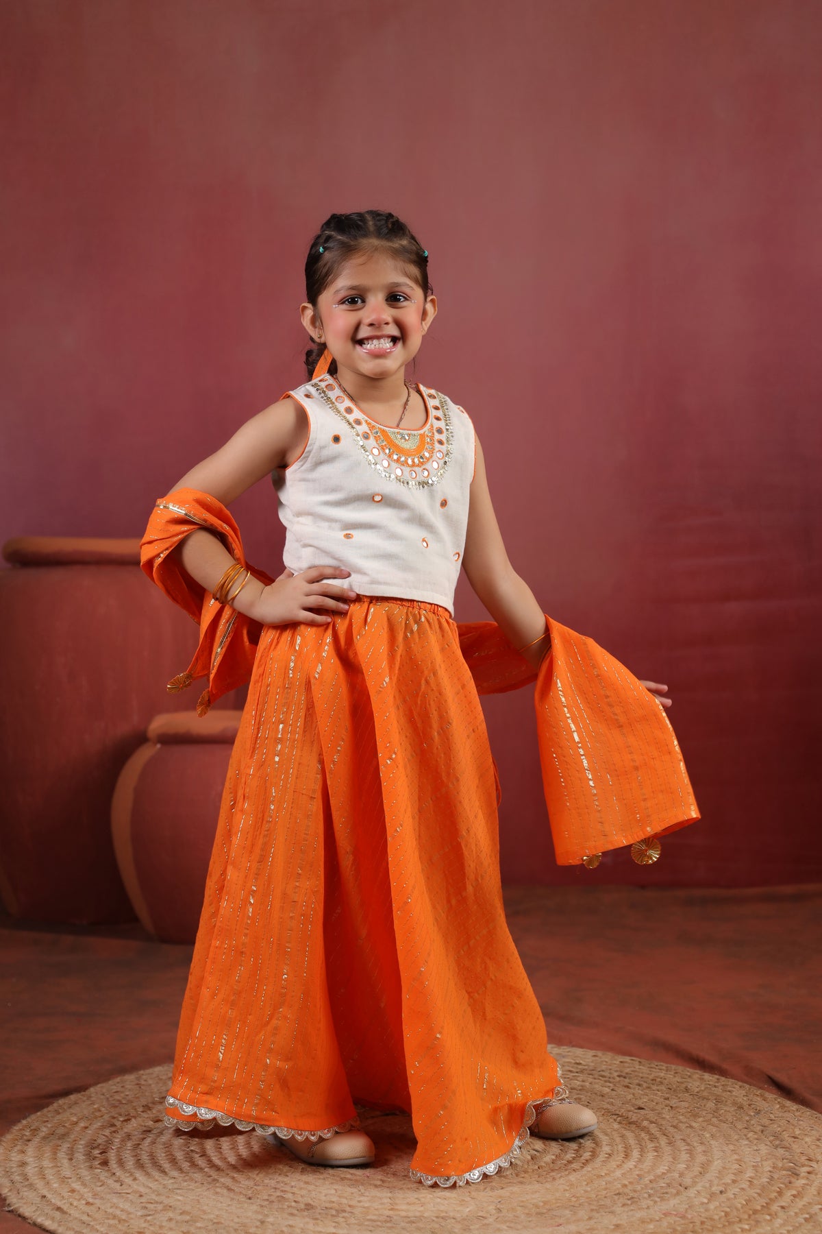 Girl Queen Embroidered Skirt Top Set - Orange