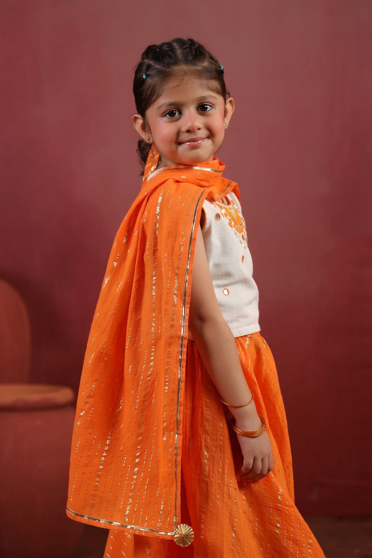 Girl Queen Embroidered Skirt Top Set - Orange