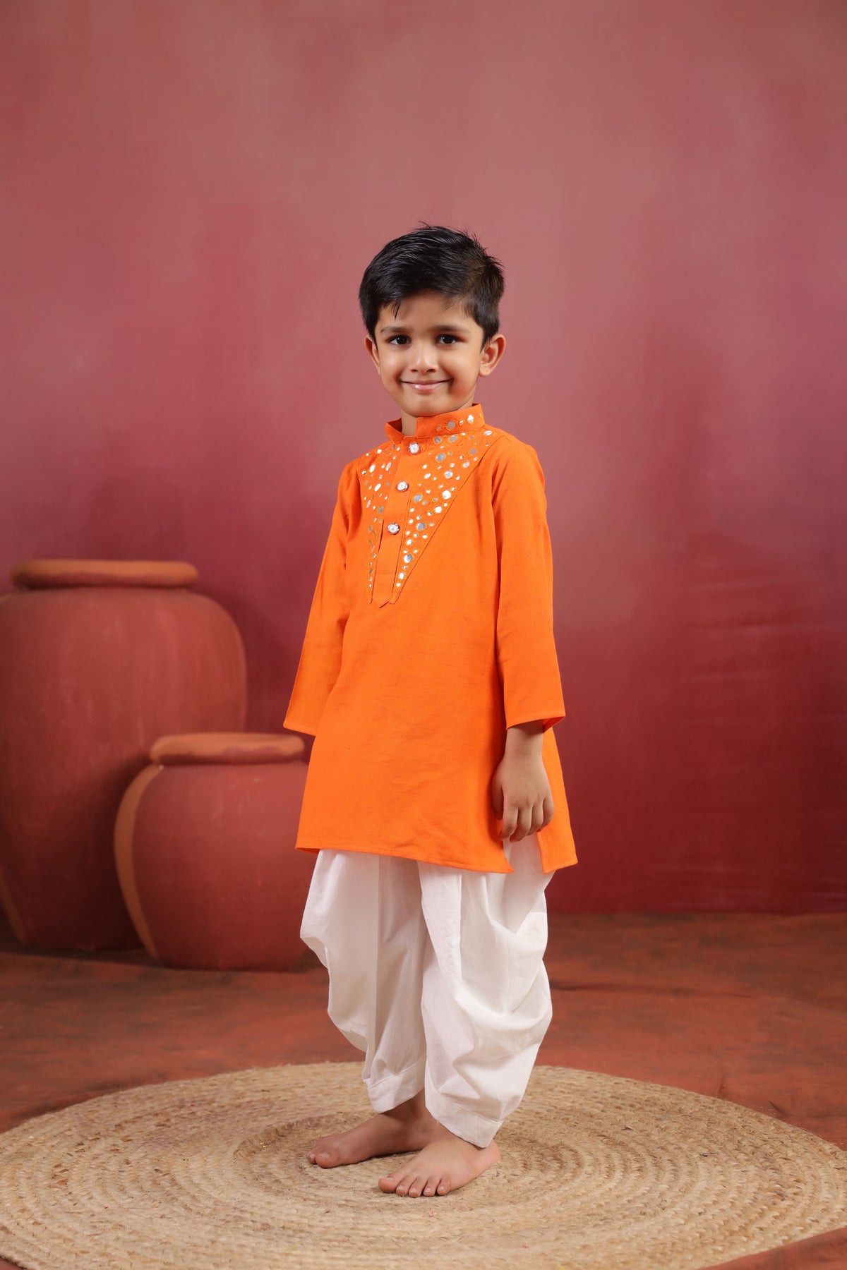 Boy Nawabi Mirror Kurta Set-Orange