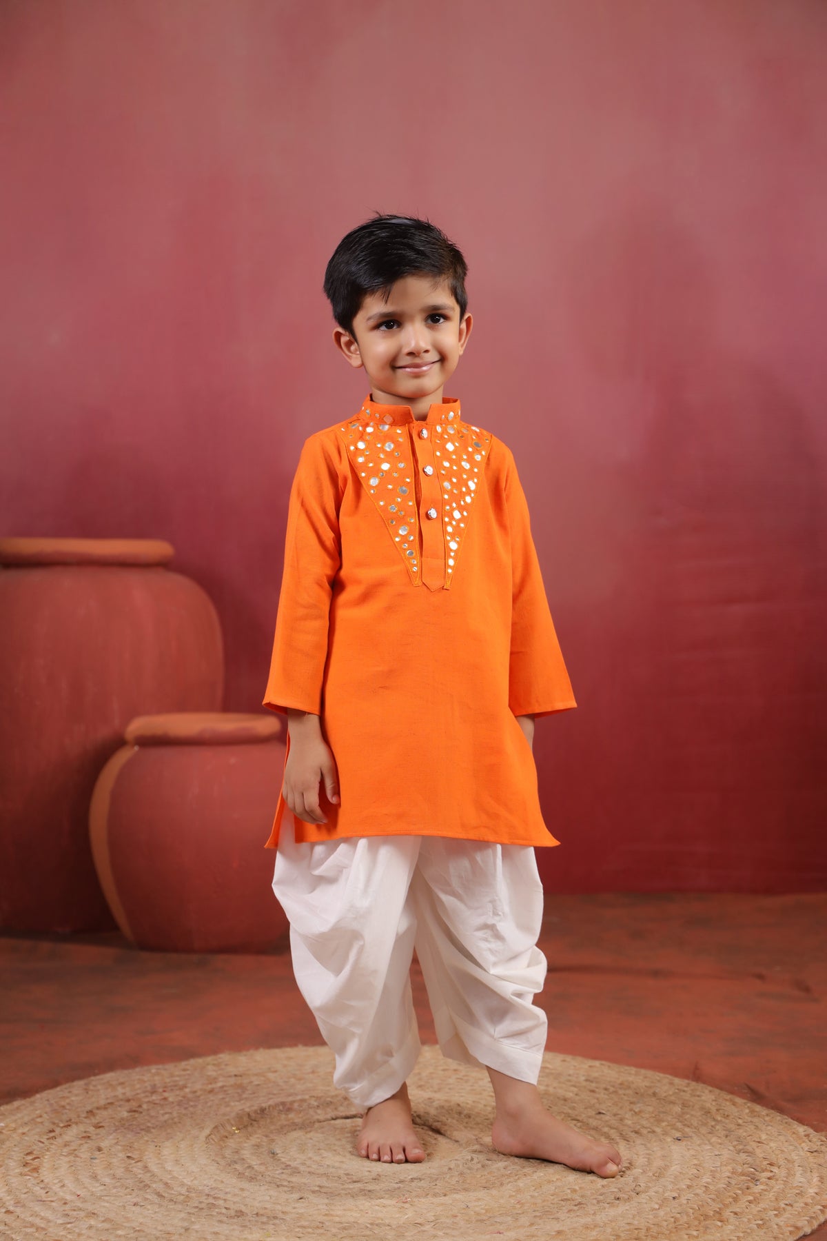 Boy Nawabi Mirror Kurta Set-Orange