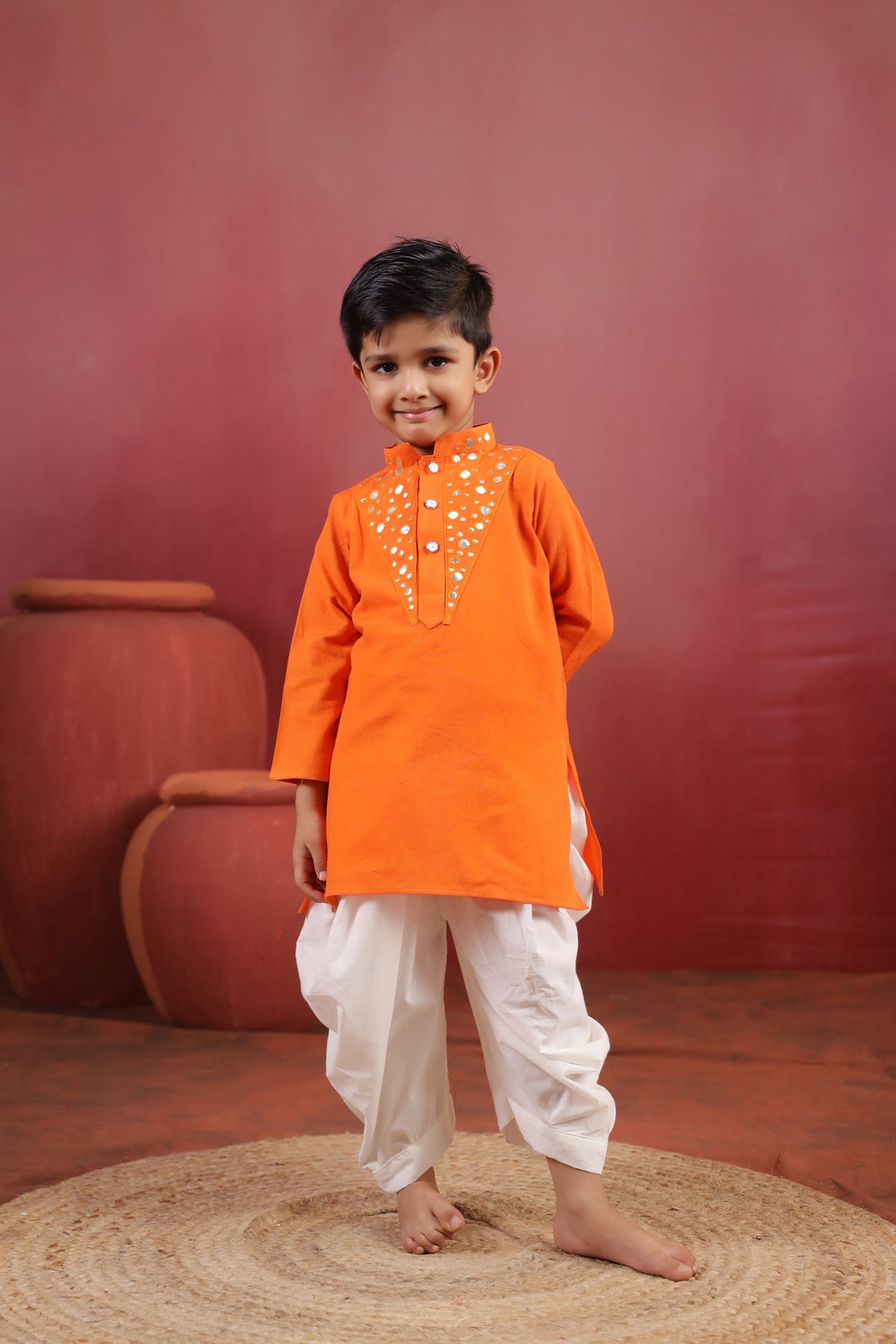 Boy Nawabi Mirror Kurta Set-Orange
