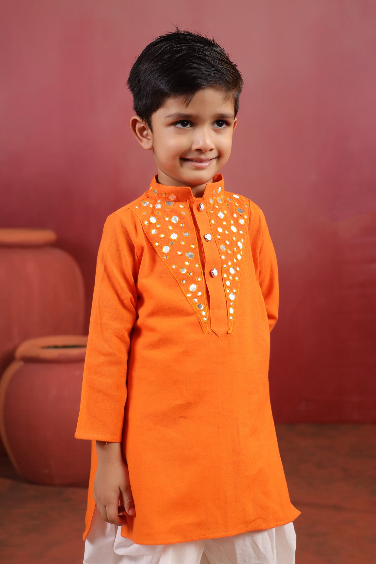 Boy Nawabi Mirror Kurta Set-Orange