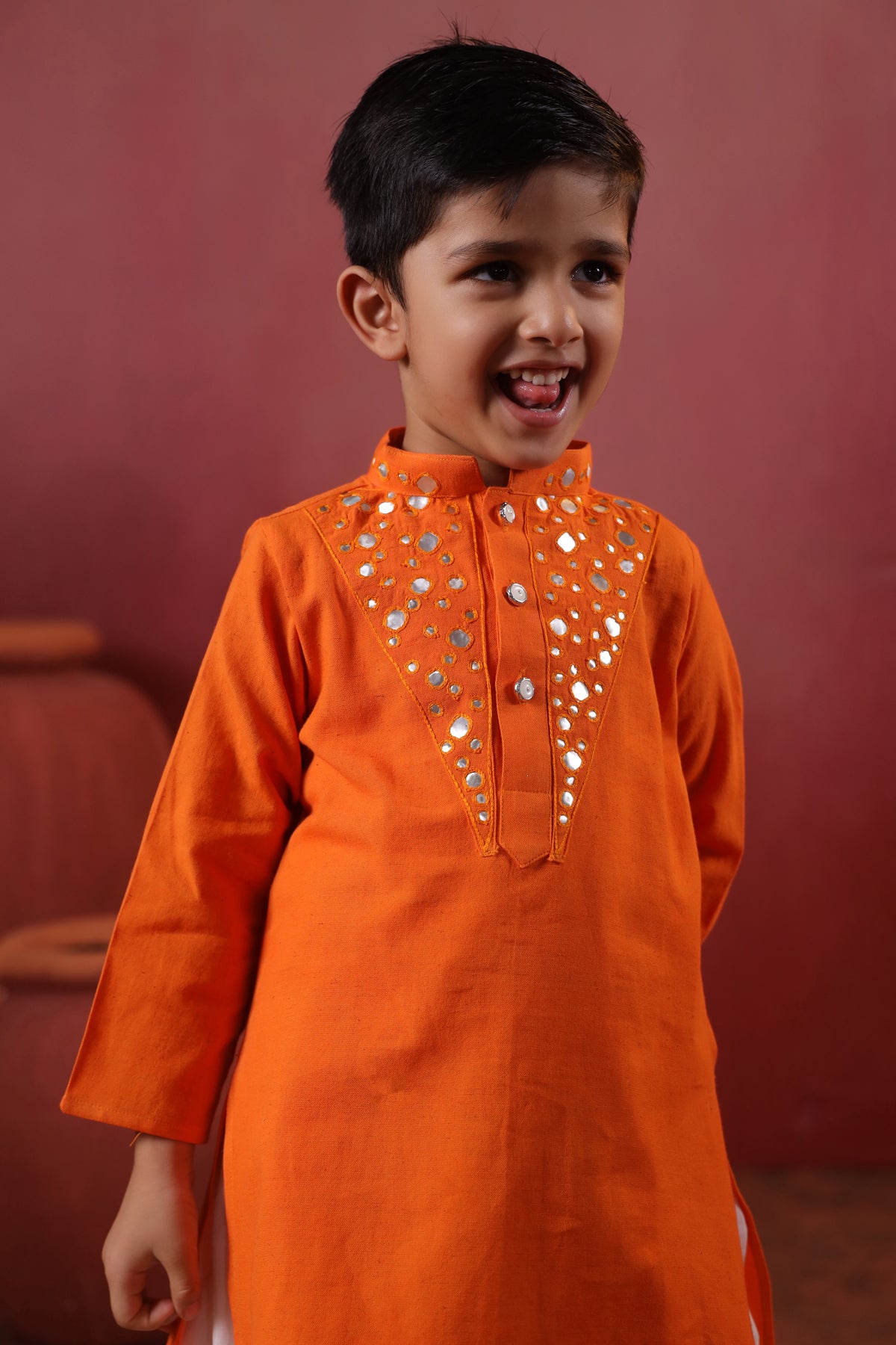 Boy Nawabi Mirror Kurta Set-Orange