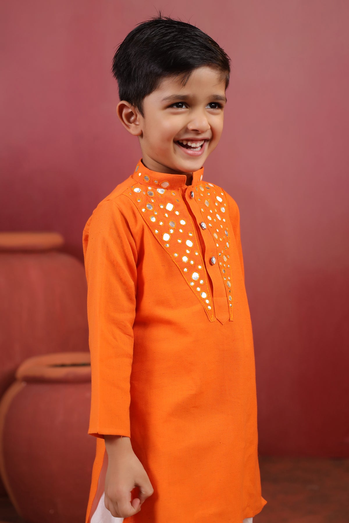 Boy Nawabi Mirror Kurta Set-Orange