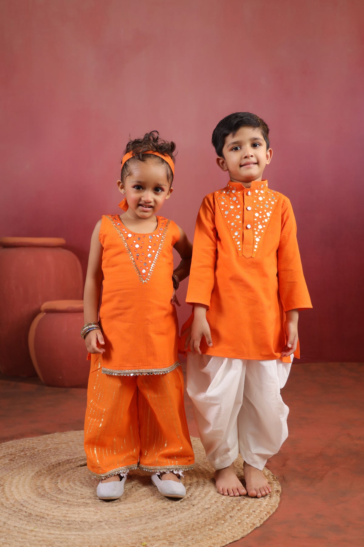 Girl Royal Mirror Kurta Palazzo Set - Orange