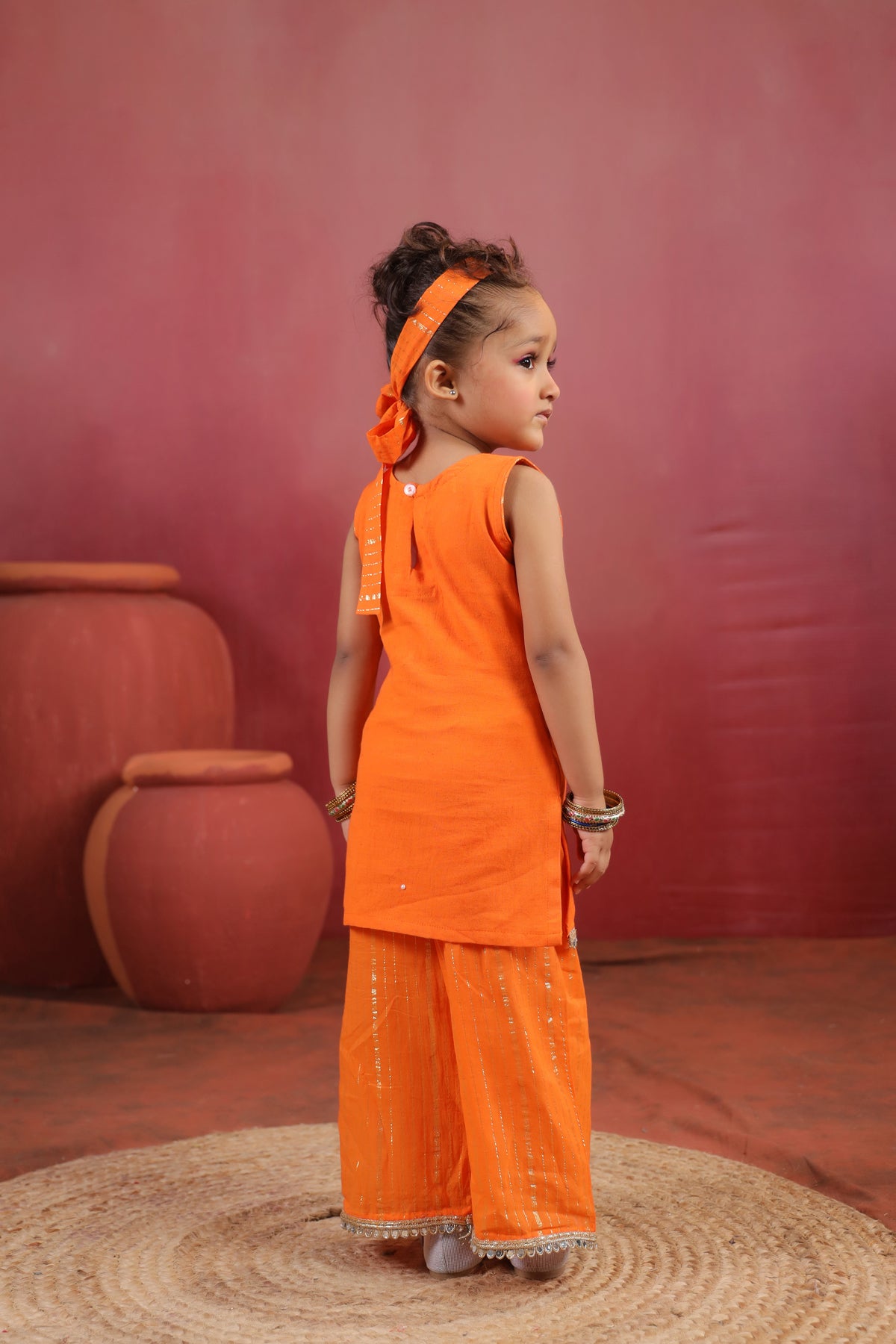 Girl Royal Mirror Kurta Palazzo Set - Orange
