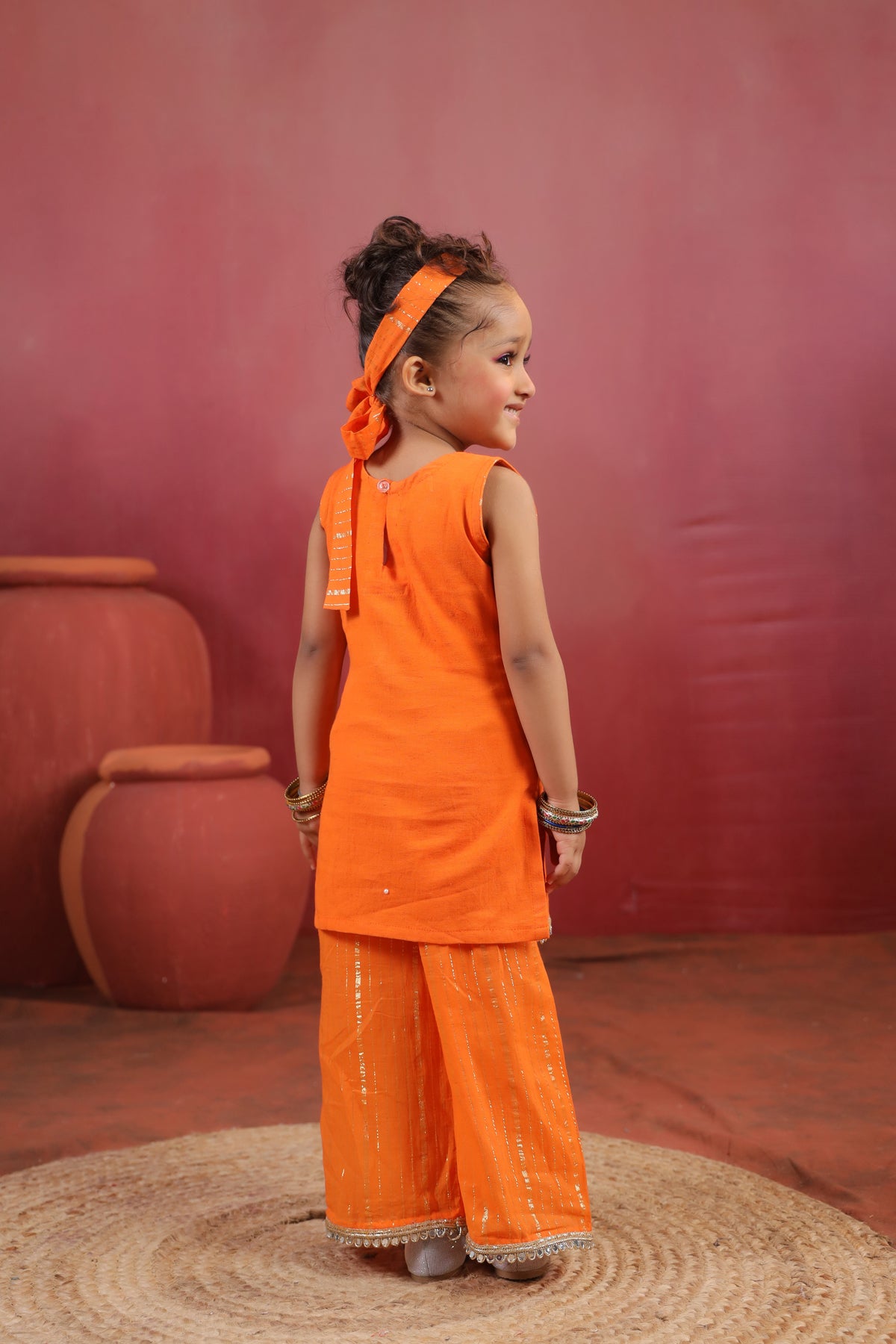 Girl Royal Mirror Kurta Palazzo Set - Orange