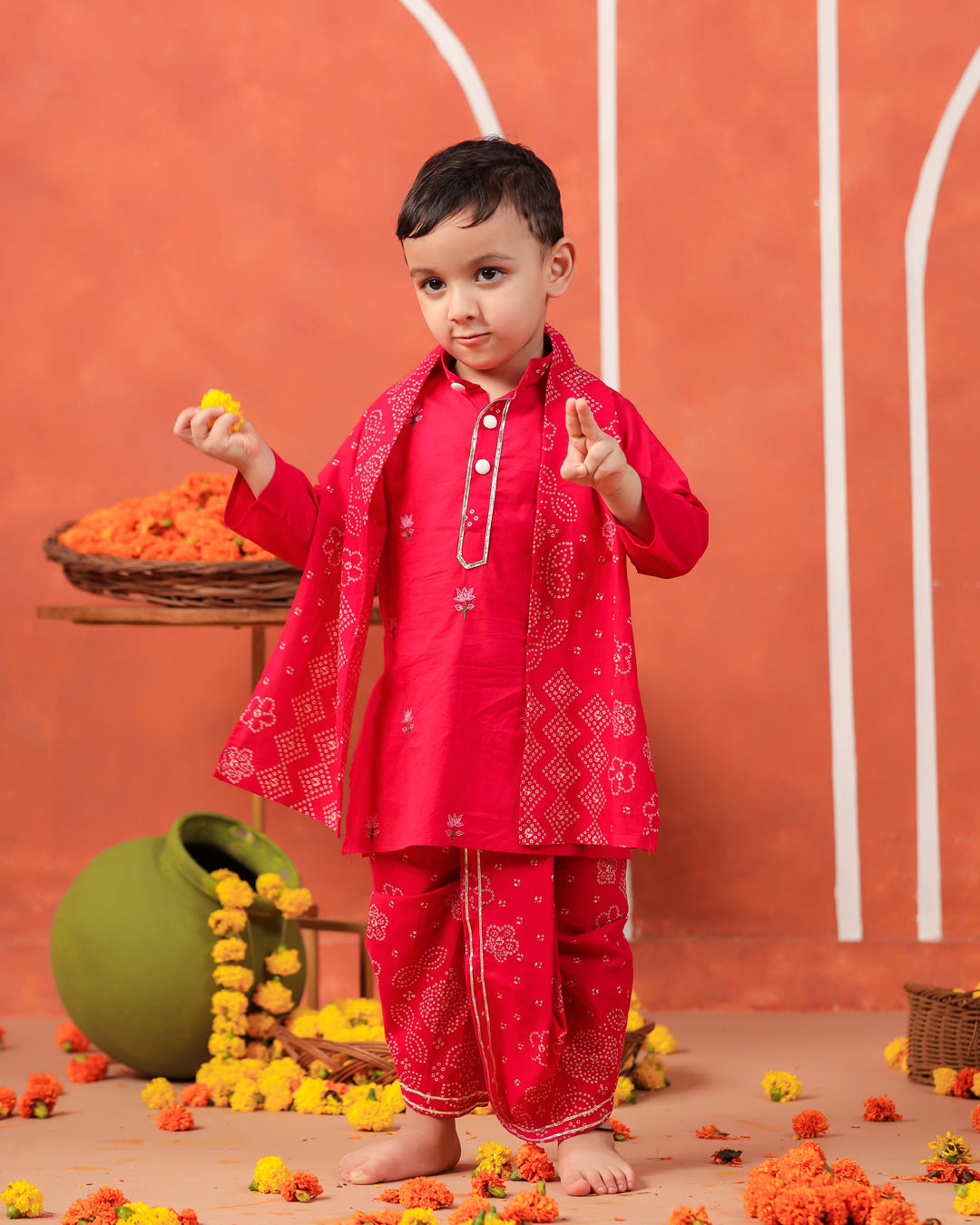 Rasleela Dhoti Kurta Dupatta Set - Rani Pink