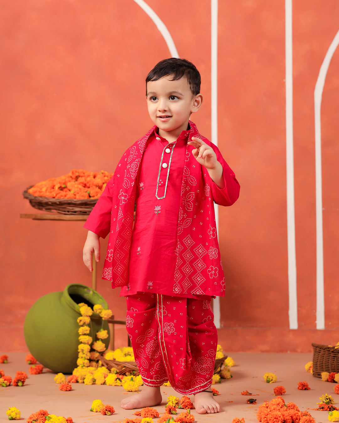 Rasleela Dhoti Kurta Dupatta Set - Rani Pink