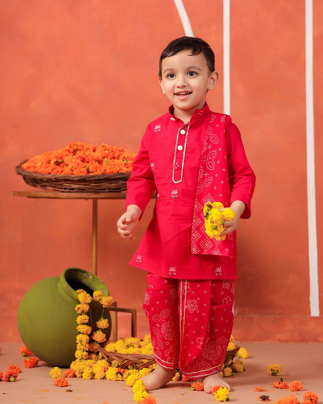 Rasleela Dhoti Kurta Dupatta Set - Rani Pink