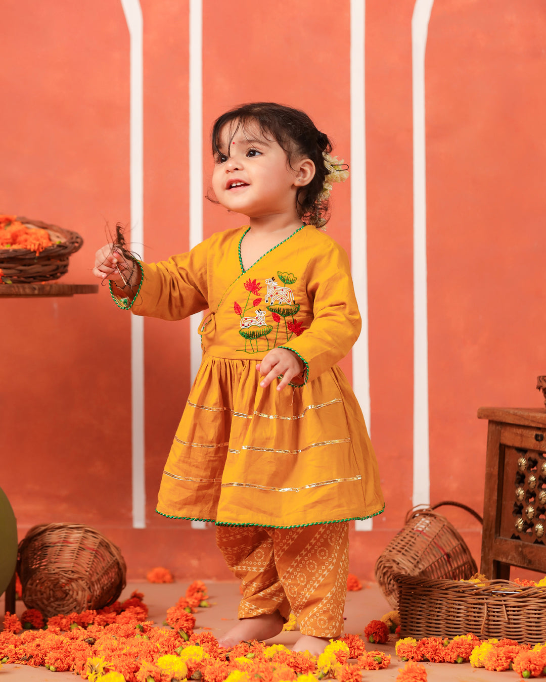 Radha Rani Peplum Kurta Dhoti Set- Mustard Yellow