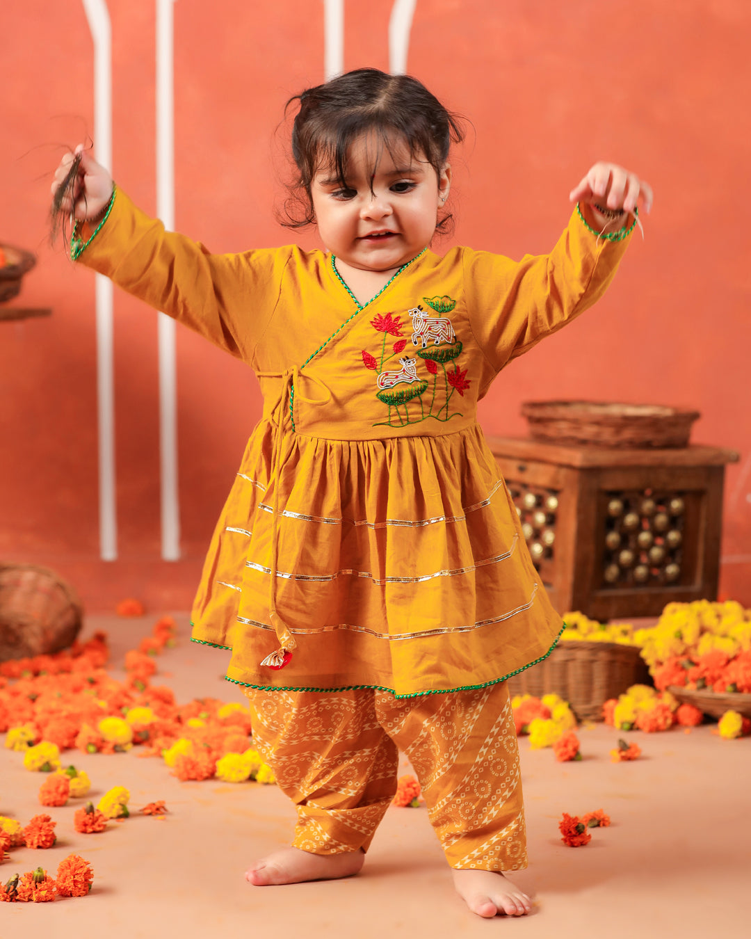 Radha Rani Peplum Kurta Dhoti Set- Mustard Yellow