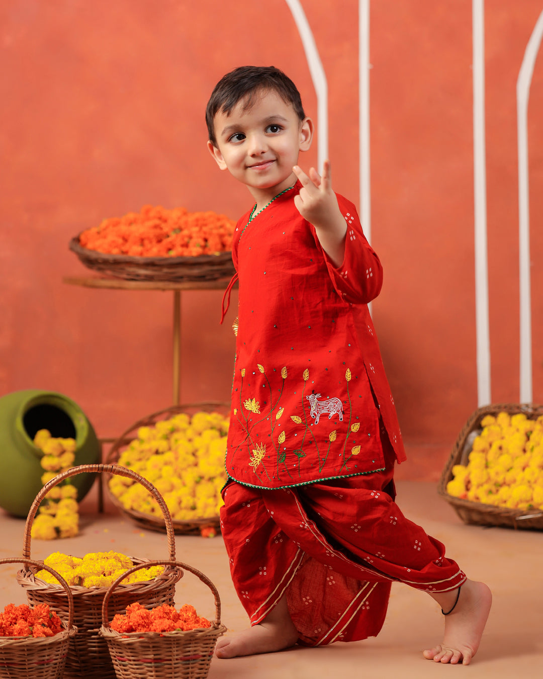 Bansi Angarkha Dhoti Kurta Set -Rusty Orange