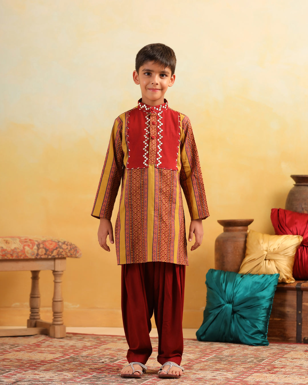 Boy Dhola Maru Kurta Set - Mustard Yellow