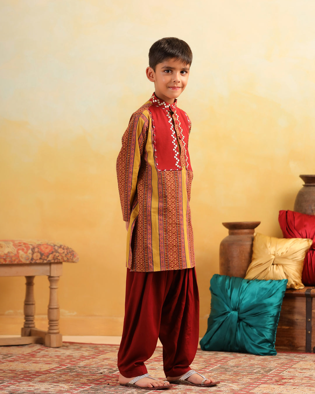 Boy Dhola Maru Kurta Set - Mustard Yellow