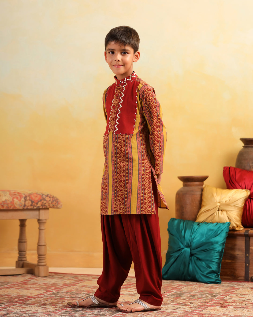 Boy Dhola Maru Kurta Set - Mustard Yellow