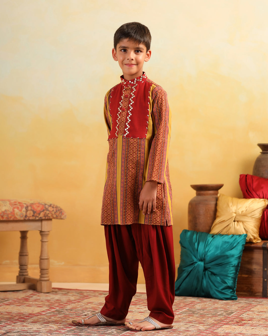 Boy Dhola Maru Kurta Set - Mustard Yellow