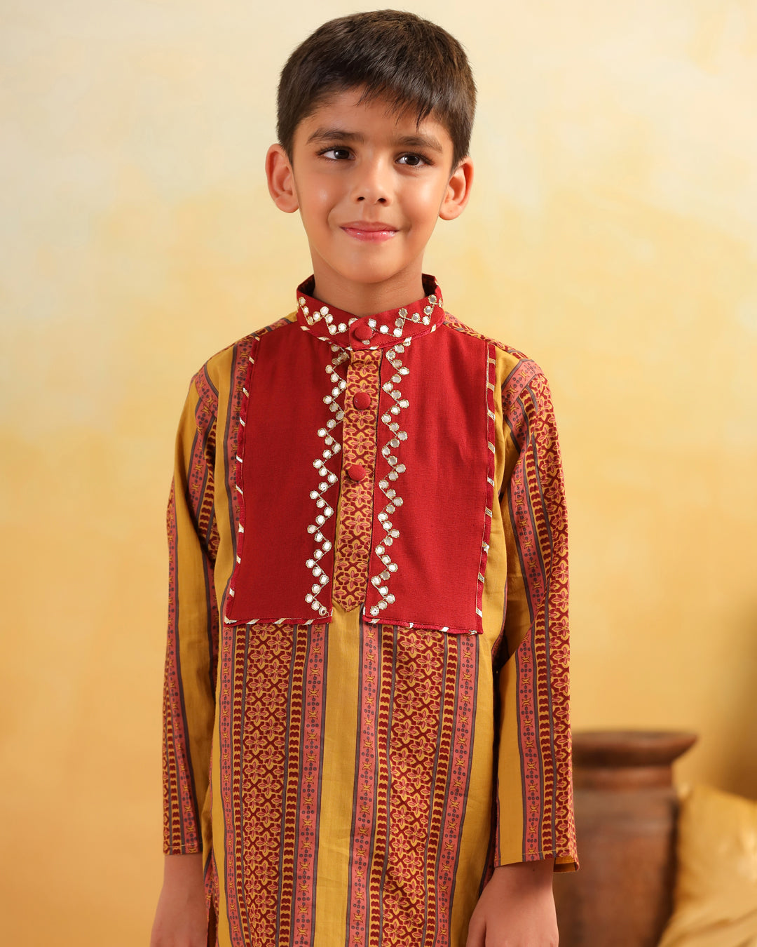 Boy Dhola Maru Kurta Set - Mustard Yellow