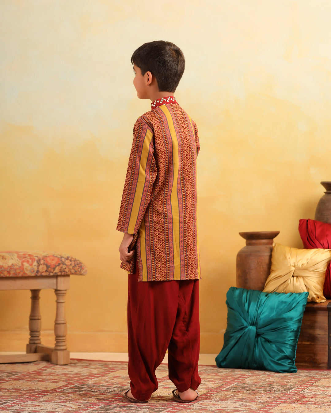 Boy Dhola Maru Kurta Set - Mustard Yellow