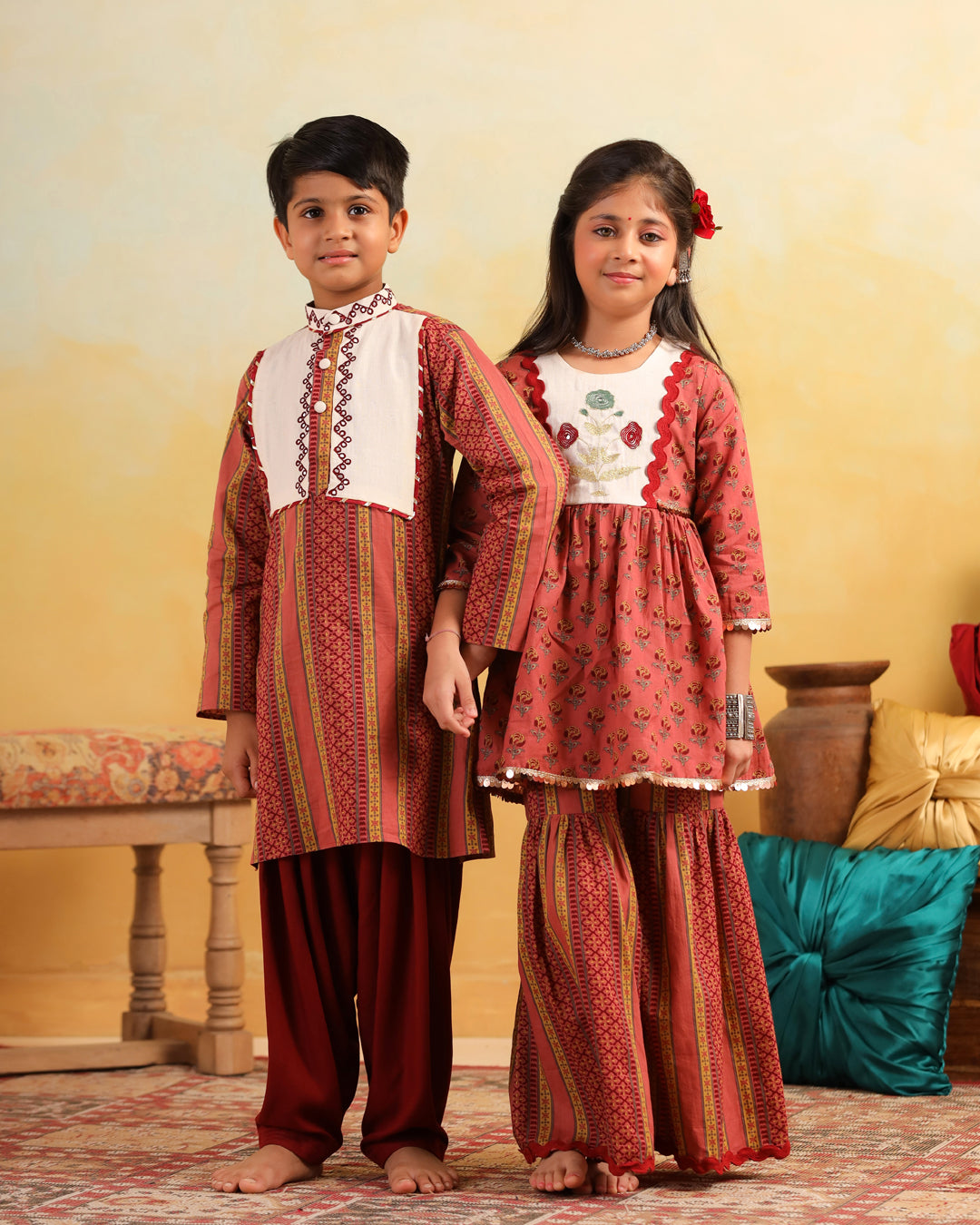 Girl Dhola Maru Print Sharara Set - Peachish Pink