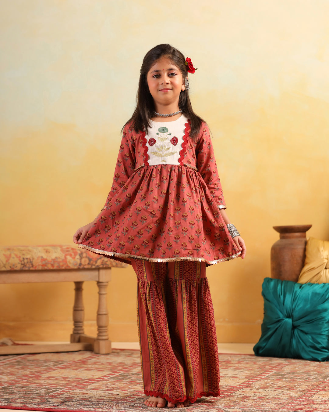 Girl Dhola Maru Print Sharara Set - Peachish Pink