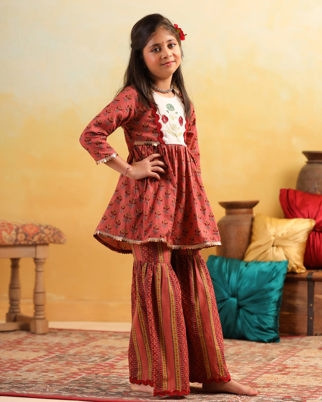 Girl Dhola Maru Print Sharara Set - Peachish Pink