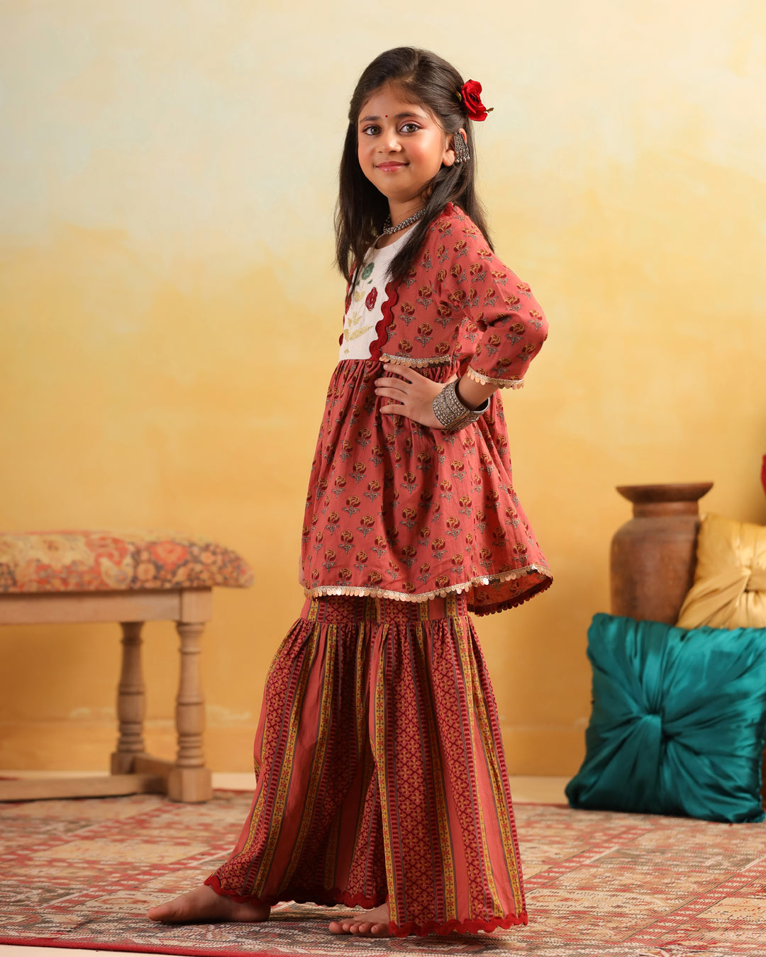Girl Dhola Maru Print Sharara Set - Peachish Pink