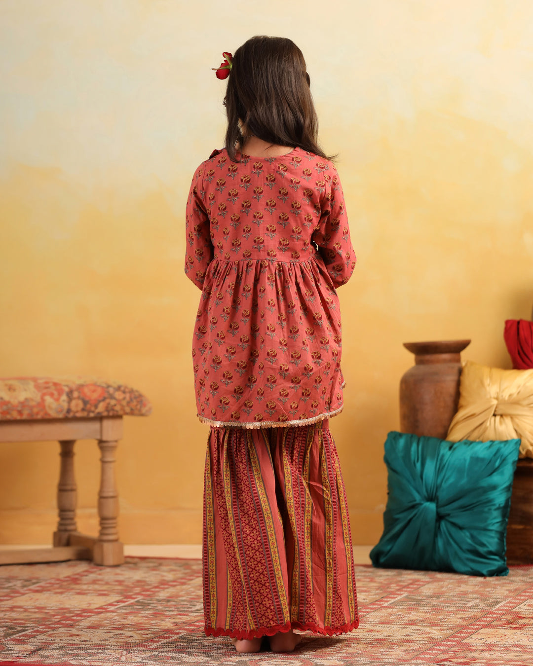 Girl Dhola Maru Print Sharara Set - Peachish Pink