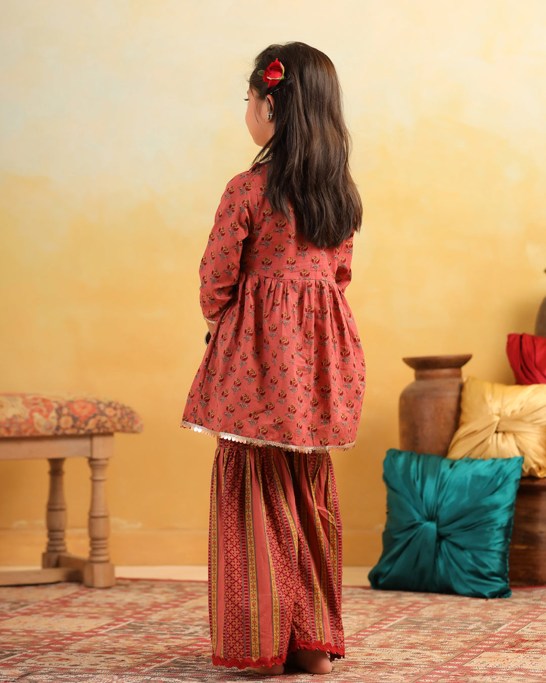 Girl Dhola Maru Print Sharara Set - Peachish Pink