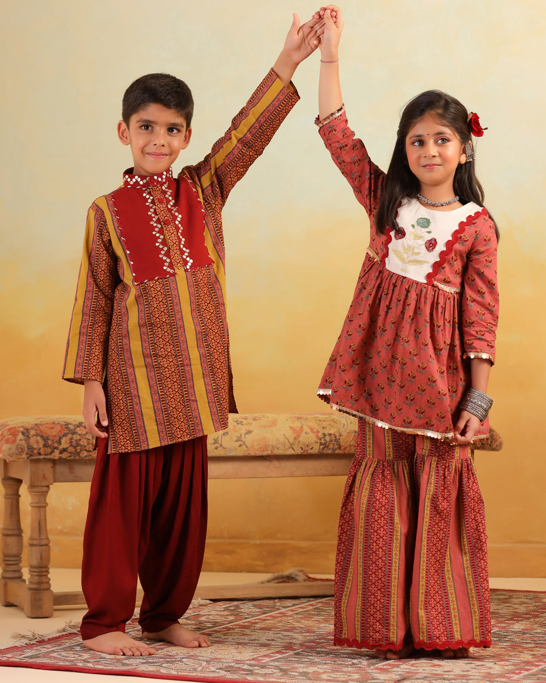 Boy Dhola Maru Kurta Set - Mustard Yellow