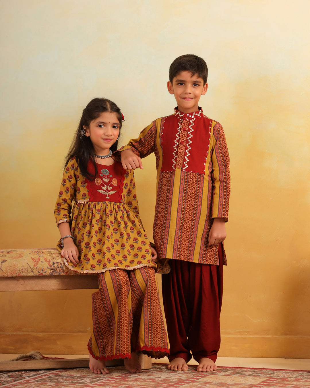 Girl Dhola Maru Print Sharara Set - Mustard Yellow