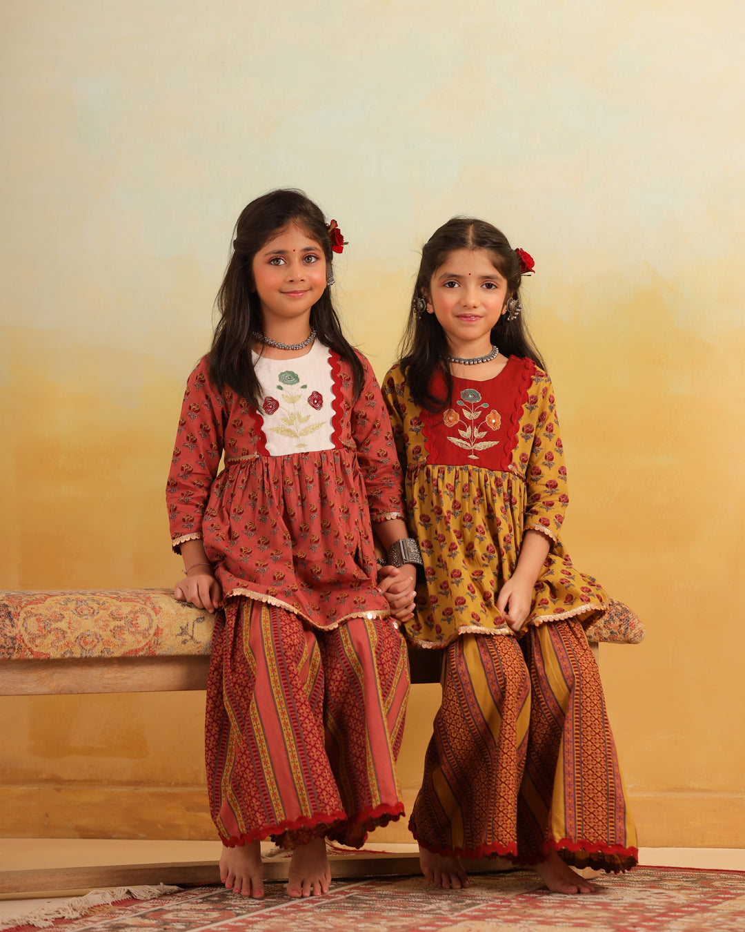 Girl Dhola Maru Print Sharara Set - Mustard Yellow