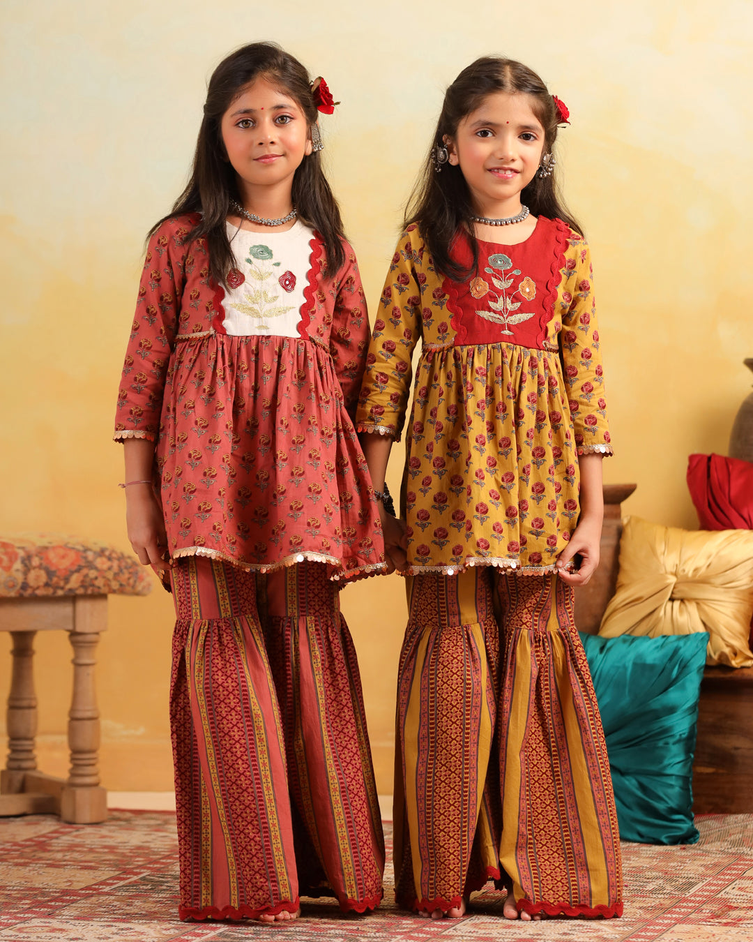 Girl Dhola Maru Print Sharara Set - Mustard Yellow